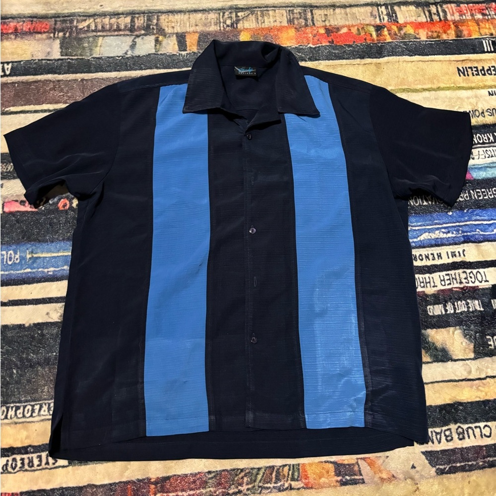Steady Men's Blue and Black Short Sleeve Bowling Shirt large